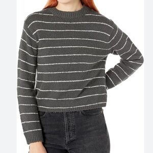 Vince Gray and White Striped Cotton Crew Neck Sweater